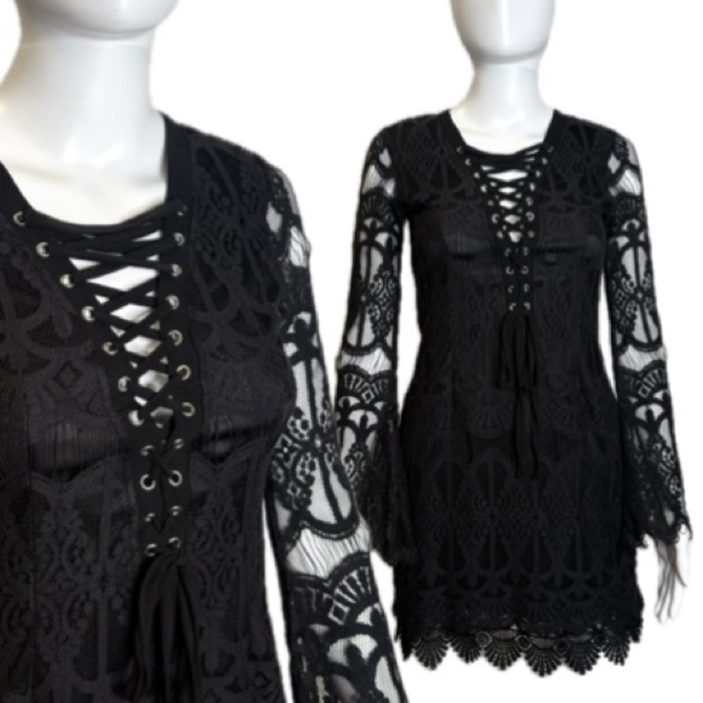 Glamourous Black Lace Up All Over Lacey Dress Size XS Bell Sleeve Fairy Goth